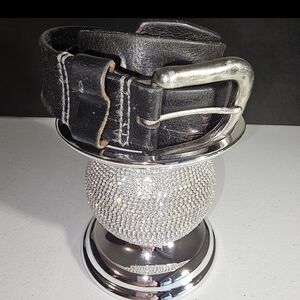 Unbranded Leather Black Belt Mens Sz 38 Silver Metal Hammered Buckle 2 1/4"